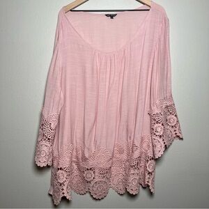 Unique Spectrum Women Top 3X Pink Crochet Applique Trim Boho Peasant Lightweight